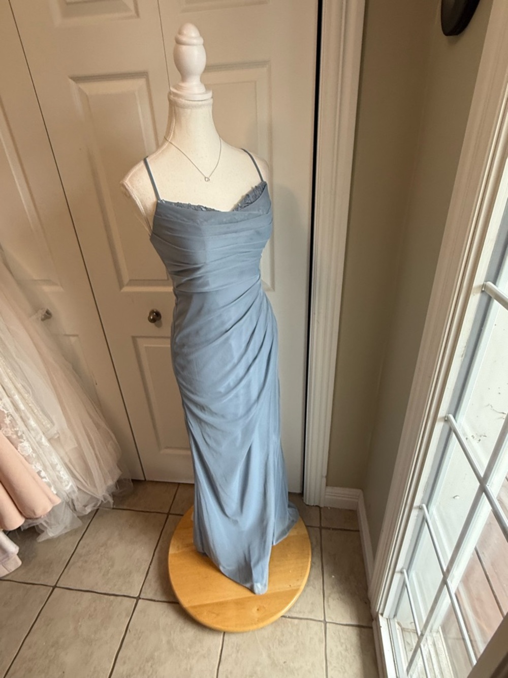 Azazie Dusty Blue Cowl Neck Spaghetti Strap Maxi